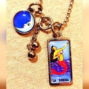 Loteria Mermaid Siren Moon and 2 Bells Ball Chain Silver Necklace